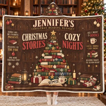 Picture of Personalized Christmas Book Lover Wearable Blanket, Custom Name Reading Hooded Blanket, Cozy Sherpa Blanket, Christmas Gift for Bookworms