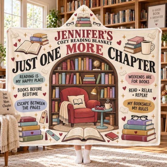 Picture of Personalized Book Lover Wearable Blanket, Custom Name Just One More Chapter Hooded Blanket, Cozy Reading Sherpa Blanket, Bookworm Gift