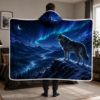 Picture of Wolf Wearable Blanket, Northern Lights Hooded Blanket, Blue Wolf Sherpa Blanket, Aurora Wildlife Gift for Men, Wolf Lover Mountain Gift