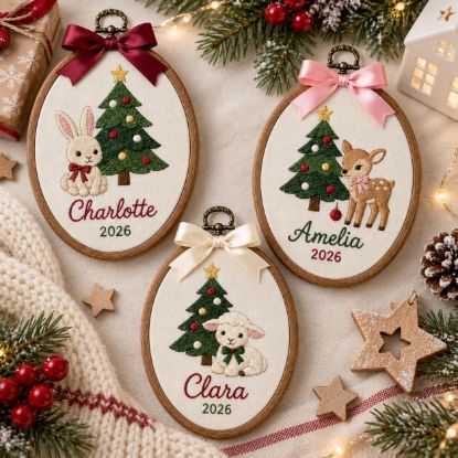 Picture of Personalized Christmas Embroidery Hoop, Baby First Christmas Gift, Custom Name Nursery Decor, Woodland Animal Keepsake, Bunny Deer Lamb Hoop