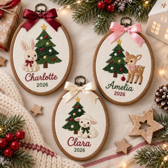 Picture of Personalized Christmas Embroidery Hoop, Baby First Christmas Gift, Custom Name Nursery Decor, Woodland Animal Keepsake, Bunny Deer Lamb Hoop