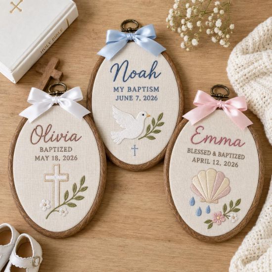 Picture of Personalized Baptism Embroidery Hoop, Custom Name & Date Christening Gift, Baby Baptism Keepsake, Christian Nursery Decor, Godchild Keepsake