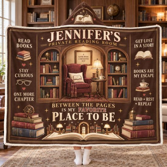 Picture of Personalized Book Lover Wearable Blanket, Custom Name Reading Hooded Blanket, Cozy Library Sherpa Blanket, Reader Gift for Women Bookworms
