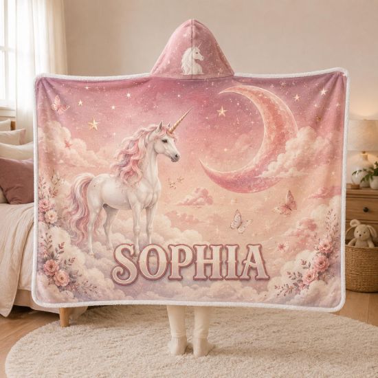 Picture of Personalized Unicorn Wearable Blanket, Custom Name Pink Hooded Blanket, Moon Unicorn Sherpa Blanket, Magical Unicorn Gift for Girls Kids