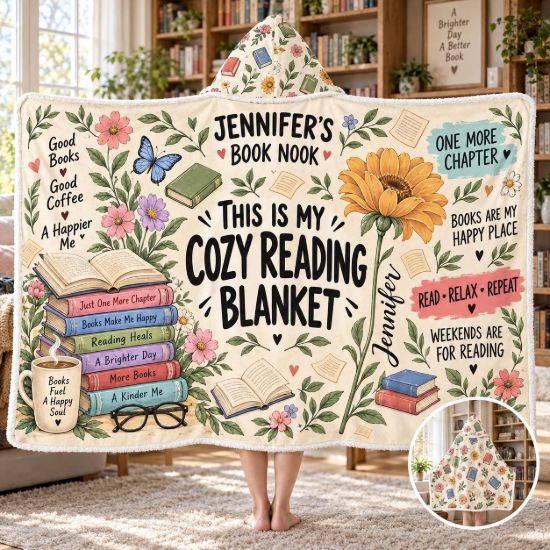 Picture of Personalized Book Lover Wearable Blanket, Custom Name Cozy Reading Hooded Blanket, Floral Sherpa Blanket, Bookworm Reader Gift for Women