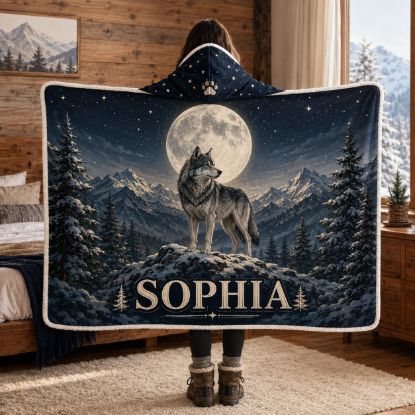 Picture of Personalized Wolf Wearable Blanket, Custom Name Moon Wolf Hooded Blanket, Winter Mountain Sherpa Blanket, Wolf Lover Gift for Women Men Kids