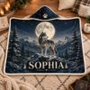 Picture of Personalized Wolf Wearable Blanket, Custom Name Moon Wolf Hooded Blanket, Winter Mountain Sherpa Blanket, Wolf Lover Gift for Women Men Kids