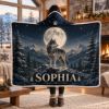 Picture of Personalized Wolf Wearable Blanket, Custom Name Moon Wolf Hooded Blanket, Winter Mountain Sherpa Blanket, Wolf Lover Gift for Women Men Kids
