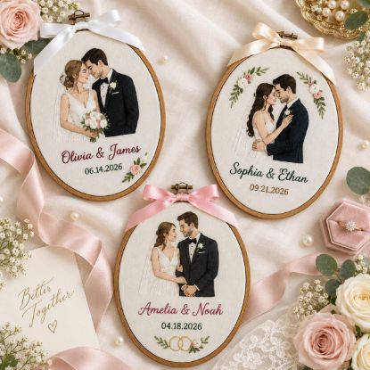 Picture of Personalized Wedding Embroidery Hoop, Custom Couple Portrait, Bride Groom Names & Date, Wedding Keepsake, Newlywed Gift, Anniversary Decor