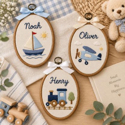 Picture of Personalized Baby Boy Embroidery Hoop, Custom Name Nursery Decor, Sailboat Airplane Train Wall Art, Newborn Gift, Baby Shower Heirloom Decor