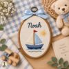 Picture of Personalized Baby Boy Embroidery Hoop, Custom Name Nursery Decor, Sailboat Airplane Train Wall Art, Newborn Gift, Baby Shower Heirloom Decor