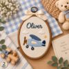 Picture of Personalized Baby Boy Embroidery Hoop, Custom Name Nursery Decor, Sailboat Airplane Train Wall Art, Newborn Gift, Baby Shower Heirloom Decor