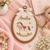 Picture of Personalized Baby Girl Embroidery Hoop, Custom Name Nursery Decor, Bunny Rocking Horse Ballet Wall Art, Newborn Gift, Baby Shower Keepsake