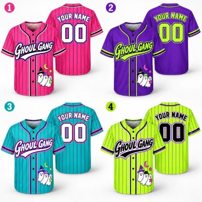Picture of Personalized Ghoul Gang Baseball Jersey, Custom Name Number Halloween Jersey, Spooky Ghost Shirt, Unisex Button Up Baseball Gift Halloween
