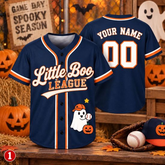 Picture of Personalized Little Boo League Baseball Jersey, Custom Name Number Kids Halloween Jersey, Ghost Baseball Shirt, Spooky Season Gift