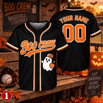Picture of Personalized Boo Crew Baseball Jersey, Custom Name Number Halloween Jersey, Ghost Baseball Shirt, Spooky Season Team Gift Halloween