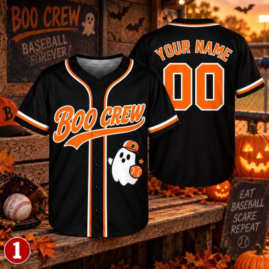 Picture of Personalized Boo Crew Baseball Jersey, Custom Name Number Halloween Jersey, Ghost Baseball Shirt, Spooky Season Team Gift Halloween