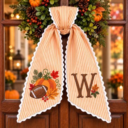 Picture of Personalized Fall Football Door Scarf, Custom Initial Pumpkin Wreath Sash, Autumn Front Door Decor, Thanksgiving Football Gift Fall Pumpkin