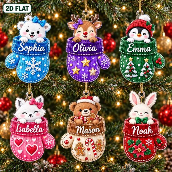 Picture of Personalized Christmas Ornament 2026, Custom Name Mitten Ornament, Cute Animal Christmas Tree Decor, Kids Holiday Keepsake Gift Christmas