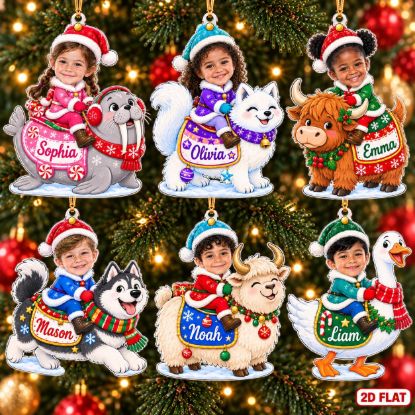 Picture of Personalized Kids Photo Christmas Ornament 2026, Custom Name Animal Rider Ornament, Boy Girl Holiday Keepsake, Grandkids Christmas Gift