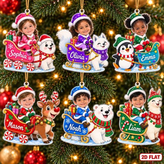 Picture of Personalized Christmas Ornament 2026, Custom Photo & Name Kids Sleigh Ornament, Grandkids Holiday Keepsake, Animal Christmas Gift 2026