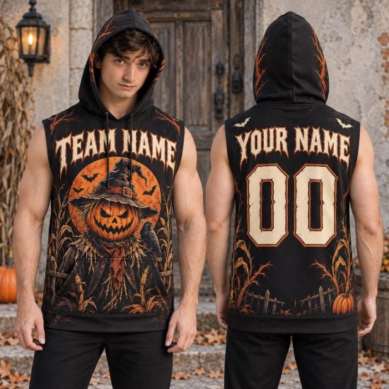Picture of Personalized Halloween Sleeveless Hoodie, Custom Name & Number Scarecrow Hoodie, Pumpkin Team Shirt, Spooky Fall Gift for Him Hoodie