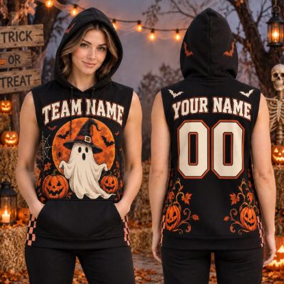 Picture of Personalized Halloween Sleeveless Hoodie, Custom Name & Number Ghost Hoodie, Cute Spooky Pumpkin Team Shirt, Halloween Gift Shirt