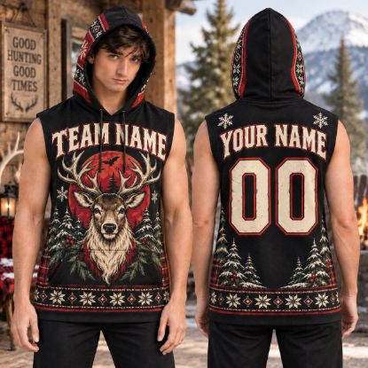 Picture of Personalized Christmas Hunting Sleeveless Hoodie, Custom Name & Number Deer Hoodie, Reindeer Hunter Shirt, Christmas Gift for Him