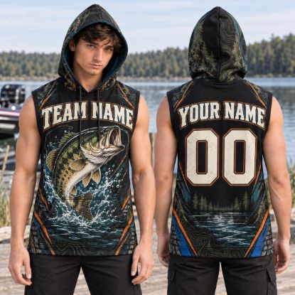 Picture of Personalized Bass Fishing Sleeveless Hoodie, Custom Fishing Team Name Shirt, Fisherman Hoodie, Fishing Jersey, Angler Gift for Men