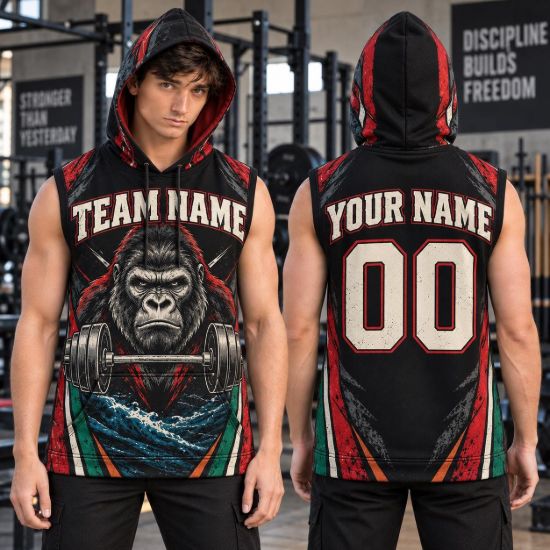 Picture of Personalized Gorilla Gym Sleeveless Hoodie, Custom Name Number Weightlifting Shirt, Bodybuilding Workout Hoodie, Gym Gift for Men