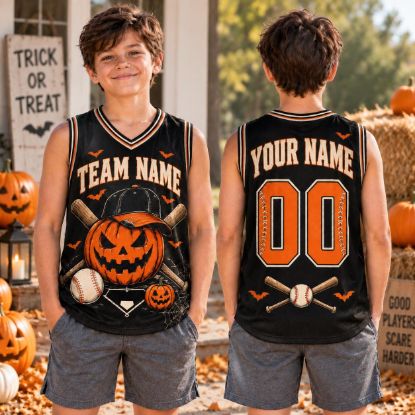Picture of Personalized Kids Halloween Baseball Jersey, Custom Team Name Pumpkin Shirt, Spooky Baseball Jersey, Halloween Sports Gift for Boys Jersey