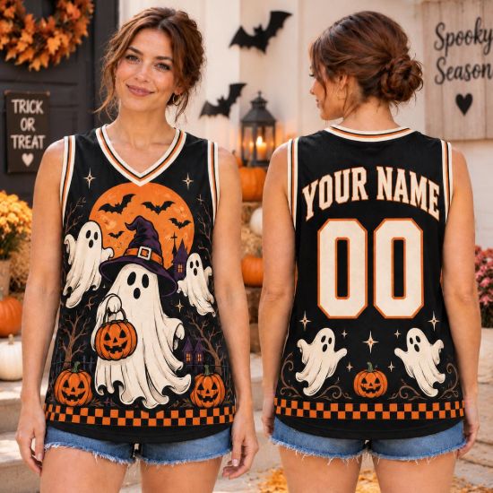 Picture of Personalized Halloween Ghost Jersey, Custom Name Spooky Sleeveless Shirt, Witch Ghost Pumpkin Jersey, Spooky Season Halloween Gift for Women