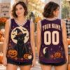 Picture of Personalized Halloween Black Cat Jersey, Custom Name Witch Cat Sleeveless Shirt, Pumpkin Spooky Season Jersey, Halloween Gift for Women