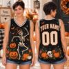 Picture of Personalized Halloween Skeleton Jersey, Custom Name Witch Skeleton Sleeveless Shirt, Pumpkin Spooky Season Top, Halloween Gift for Women