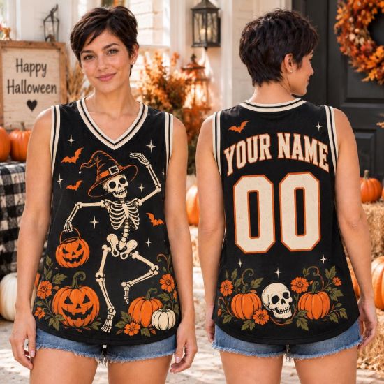 Picture of Personalized Halloween Skeleton Jersey, Custom Name Witch Skeleton Sleeveless Shirt, Pumpkin Spooky Season Top, Halloween Gift for Women