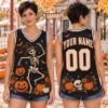 Picture of Personalized Halloween Skeleton Jersey, Custom Name Witch Skeleton Sleeveless Shirt, Pumpkin Spooky Season Top, Halloween Gift for Women