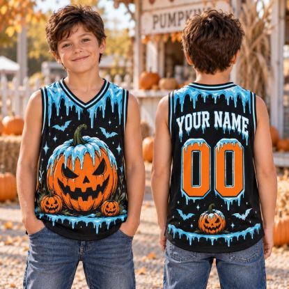 Picture of Personalized Kids Halloween Pumpkin Jersey, Custom Name Jack O Lantern Sleeveless Shirt, Spooky Halloween Sports Jersey, Pumpkin Gift Boy