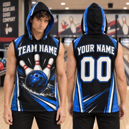 Picture of Personalized Bowling Sleeveless Hoodie, Custom Team Name Number Bowling Shirt, Bowling Team Jersey, Bowler Gift for Men Women