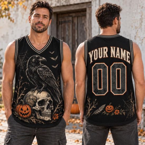Picture of Personalized Halloween Basketball Jersey, Custom Name Raven Skull Shirt, Gothic Spooky Jersey, Halloween Sportswear, Horror Gift for Men