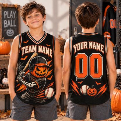 Picture of Personalized Kids Halloween Baseball Jersey, Custom Team Name Pumpkin Skeleton Shirt, Spooky Baseball Uniform, Halloween Sports Gift for Boy
