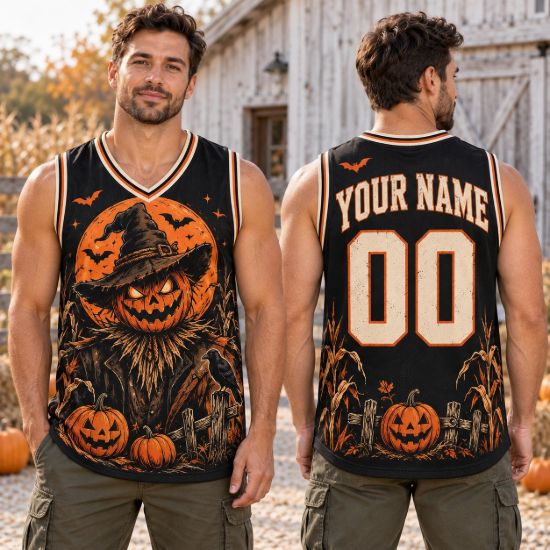 Picture of Personalized Halloween Scarecrow Jersey, Custom Name Pumpkin Sleeveless Shirt, Jack O Lantern Spooky Jersey, Halloween Fall Gift for Men