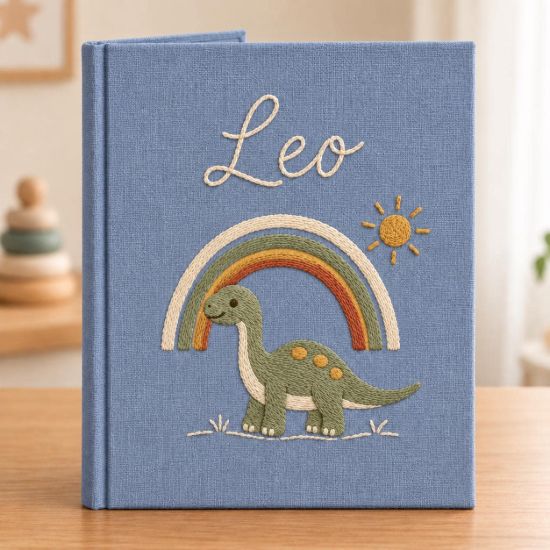 Picture of Personalized Baby Memory Book, Dinosaur Keepsake Journal, Embroidered Rainbow Nursery Album, Custom Name First Year Baby Gift, Dino Book