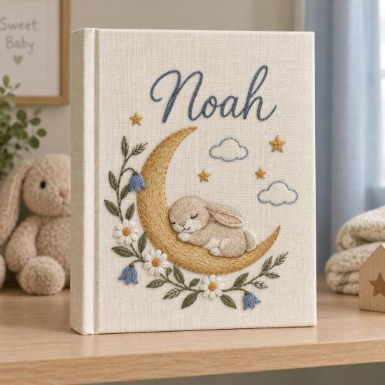 Picture of Personalized Baby Memory Book, Little Dreamer Bunny Keepsake Journal, Moonlight Nursery Embroidered Album, Custom Name First Year Gift 2026
