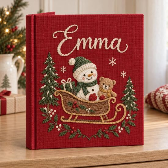 Picture of Personalized Christmas Memory Book, Cozy Winter Sleigh Keepsake Journal, Snowman Teddy Bear Holiday Album, Custom Family Name Gift 2026