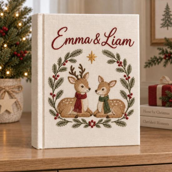 Picture of Our Christmas Story Personalized Book, Deer Couple Holiday Keepsake Journal, Embroidered Woodland Memory Album, Custom Name Christmas Gift