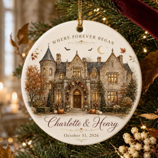 Picture of Personalized Wedding Venue Ornament 2026, Custom Castle Wedding Keepsake, Couple Names & Date Ceramic Ornament, Newlywed Christmas Gift