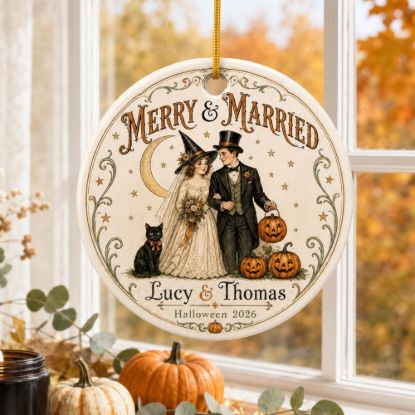 Picture of Vintage Halloween Wedding Ornament 2026, Personalized Merry Married Couple Keepsake, Victorian Gothic Bride Groom Gift, Custom Names