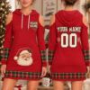 Picture of Personalized Christmas Santa Hoodie Dress, Custom Name Number Christmas Jersey Dress, Red Plaid Cold Shoulder Dress, Christmas Gift for Her