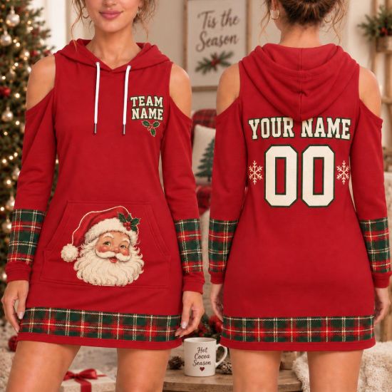 Picture of Personalized Christmas Santa Hoodie Dress, Custom Name Number Christmas Jersey Dress, Red Plaid Cold Shoulder Dress, Christmas Gift for Her