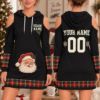 Picture of Personalized Christmas Santa Hoodie Dress, Custom Name Number Christmas Jersey Dress, Red Plaid Cold Shoulder Dress, Christmas Gift for Her